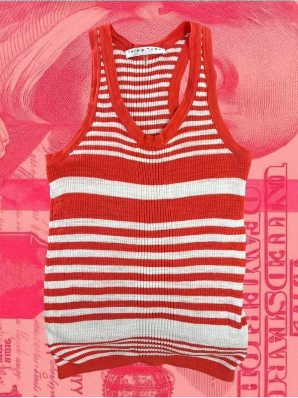 trina turk coral red and white striped knit ribbed summer tank top size s